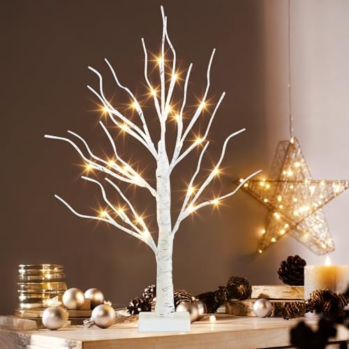 Artificial Tree for Easter Decorations, 2 FT with LED Lights, Warm Birch Tree