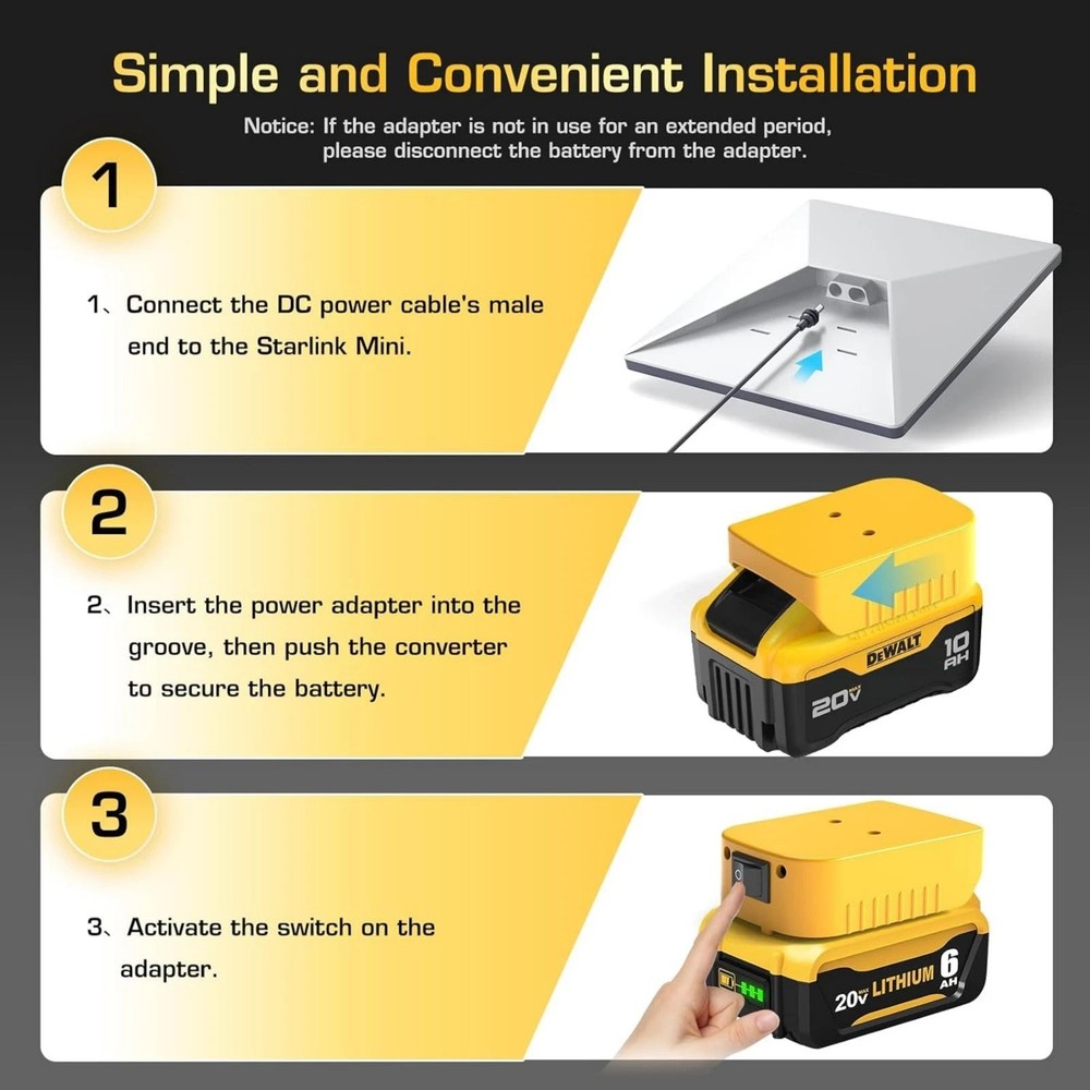 Starlink Mini Battery Adapter for Dewalt Battery with DC Power Cable