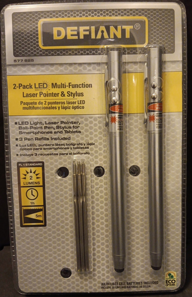 New Defiant 2 Pack LED Multi Function Laser Pointer & Stylus W/ Pen Refills NEW