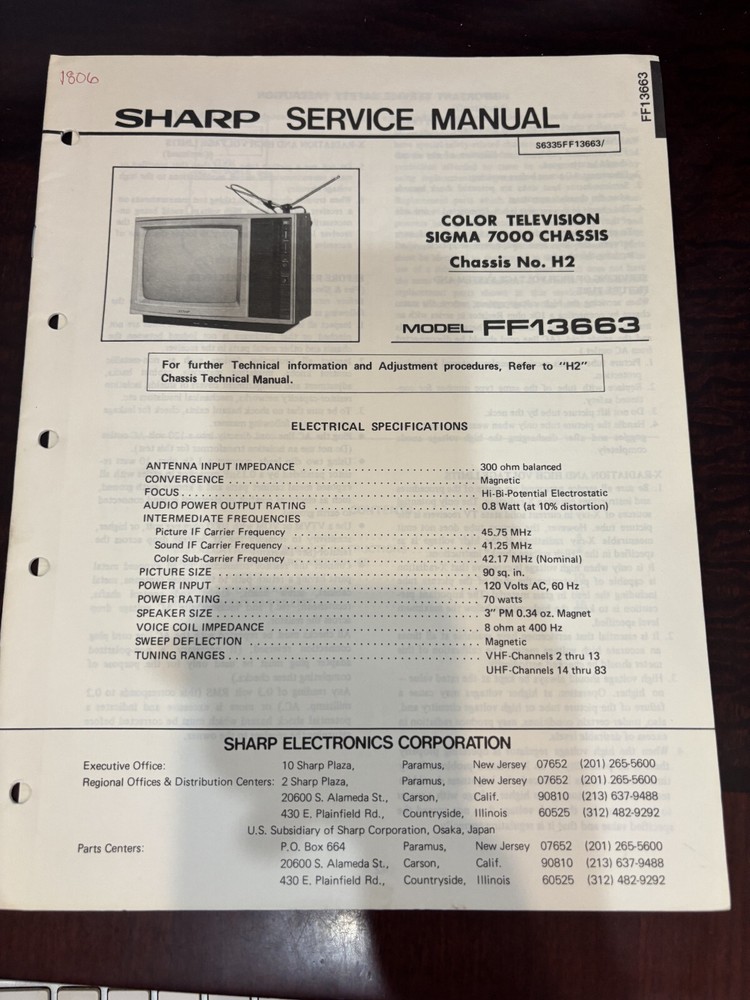 ORIG. SHARP FF13663 TV Repair & Service Manual *ORIGINAL*