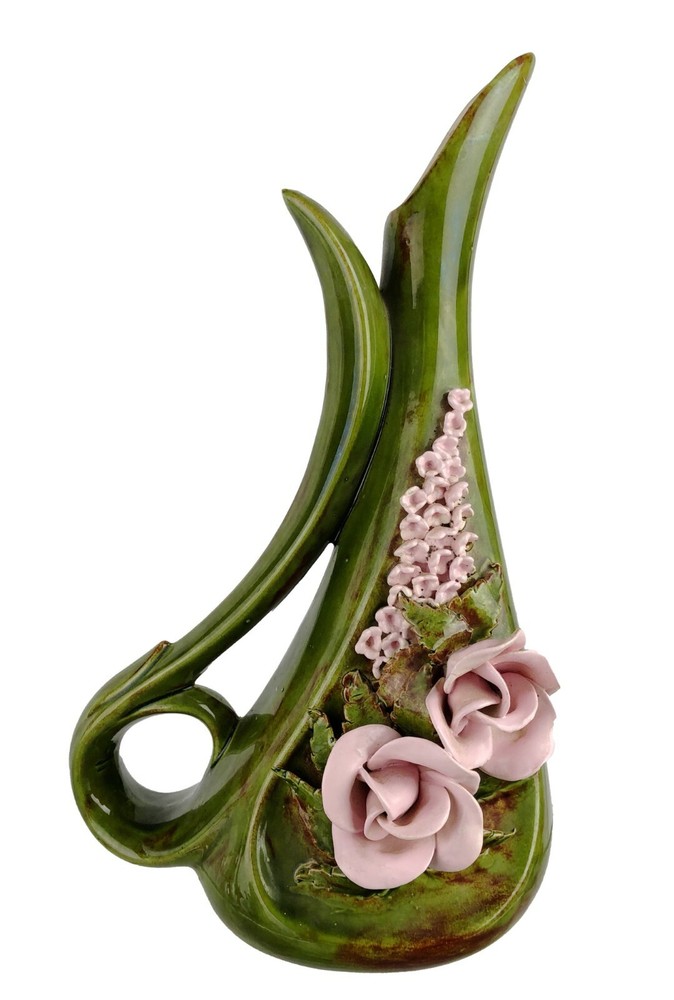 Vtg Ceramic Double Loop Handle Pitcher 12.5" Green w/ Applied Pink Flowers