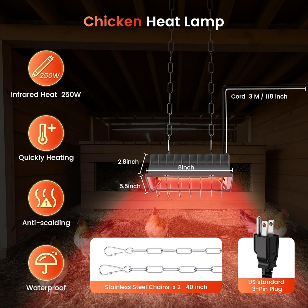 250W Brooder Heater for 30 Chicks, Chicken Coop Heating Lamp Brooder