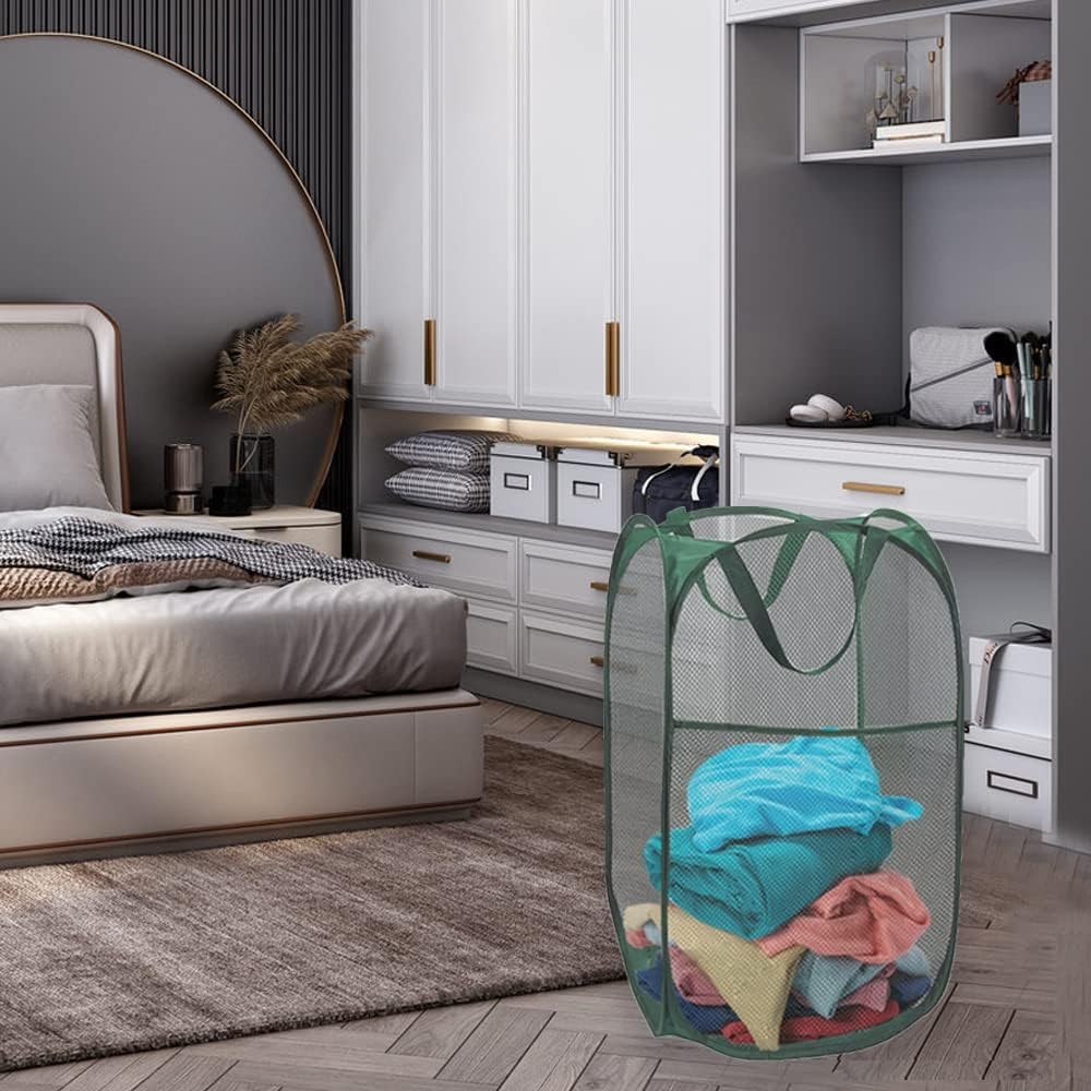 Green Pop Up Laundry Basket Collapsible Mesh Vertical Hamper Storage Space