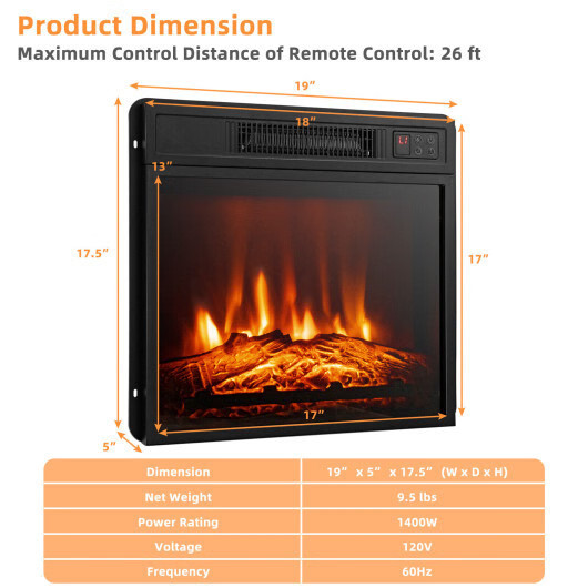 18 Inch Electric Fireplace Inserted with Adjustable LED Flame