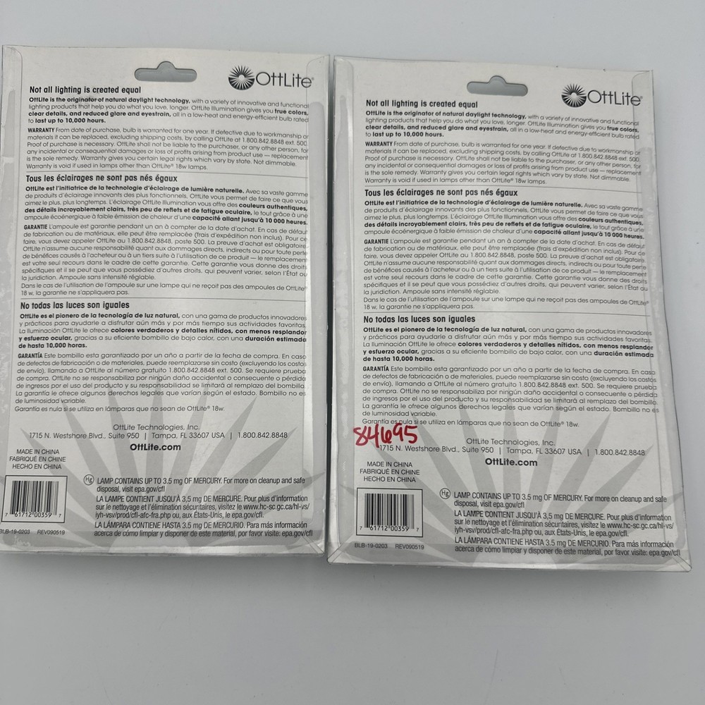 Two OttLite Bulb Replacement Type B PL18-B Model T18330 18W Lot