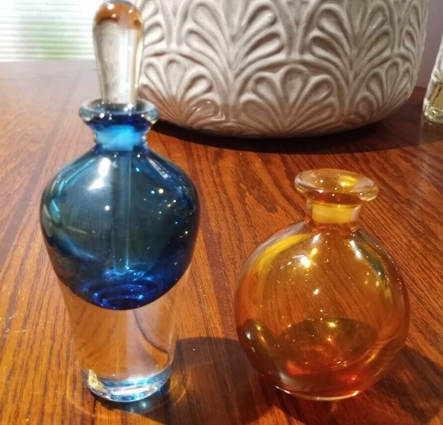 TWO Glass Studio Blown perfume bottles with stopper signed Blue & Amber (68A)