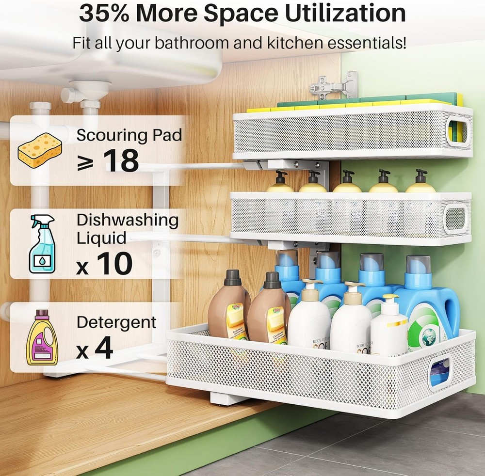 Under Sink Organizer 2-Pack 3-Tier Height Adjustable Thickened Metal Pull out