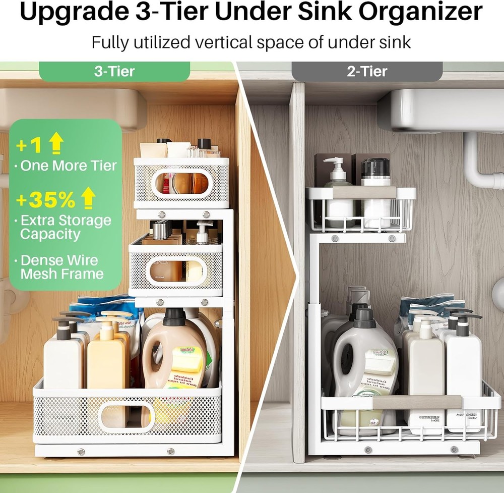 Under Sink Organizer 2-Pack 3-Tier Height Adjustable Thickened Metal Pull out