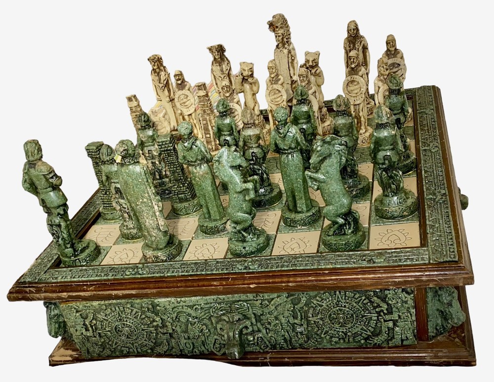 Antique Large Mayans Vs Spanish Conquistadors Chess Set w/ Drawers
