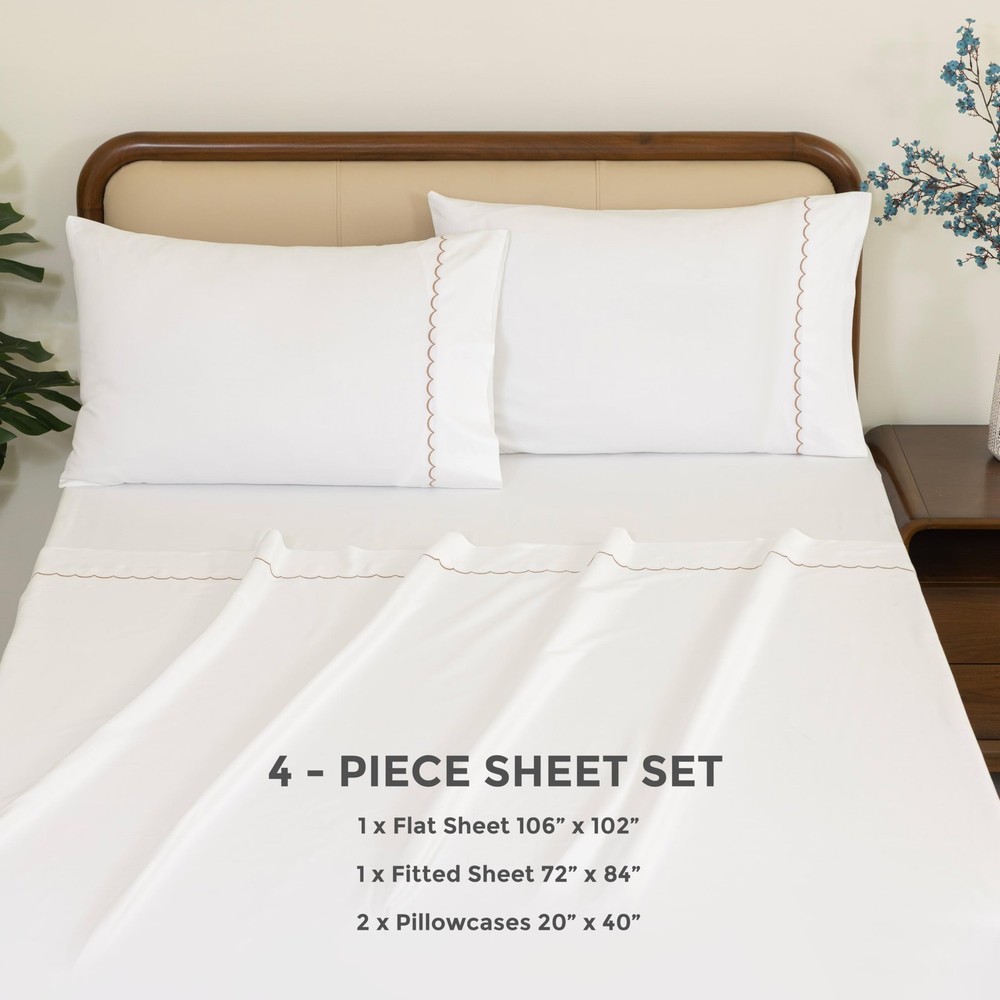 Queen Sheet Set,100% Cotton Sateen Embroidered Sheets Set, Cotton Sheets Quee...