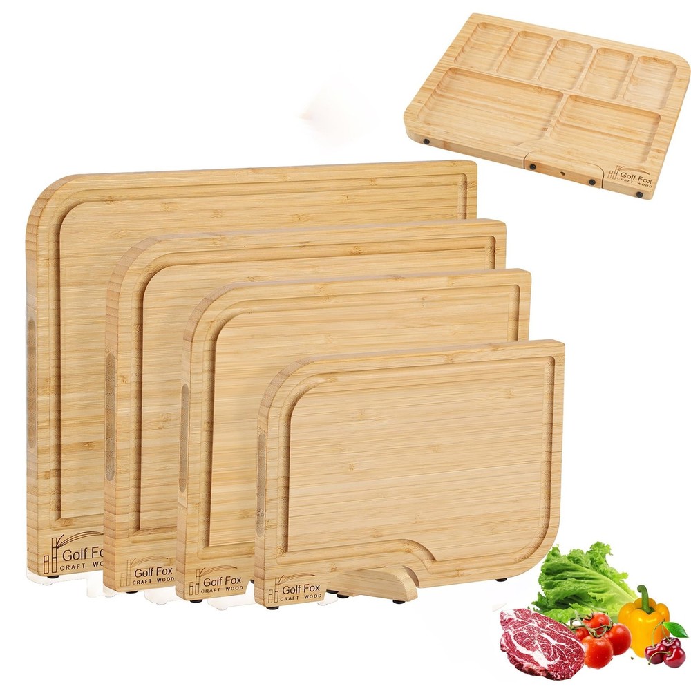 4-PCS Bamboo Cutting Board Set with Innovative Stand - Durable Double Sided W...