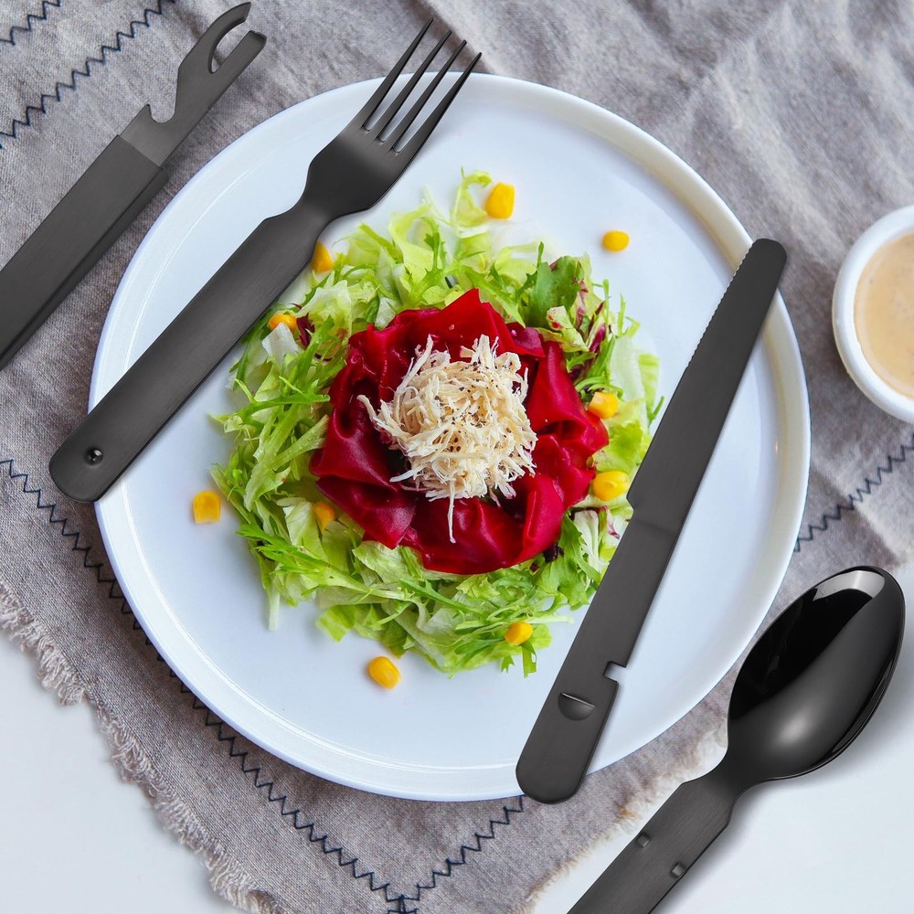 A · HOUSEWARE Portable Silverware Black Flatware Camping Cutlery Stainless St...