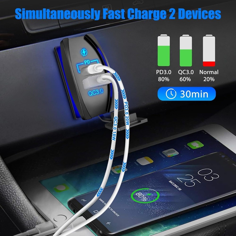 FXC Rocker Switch USB Type C Charger Socket Dual PD and QC 3.0 12V LED Voltmeter