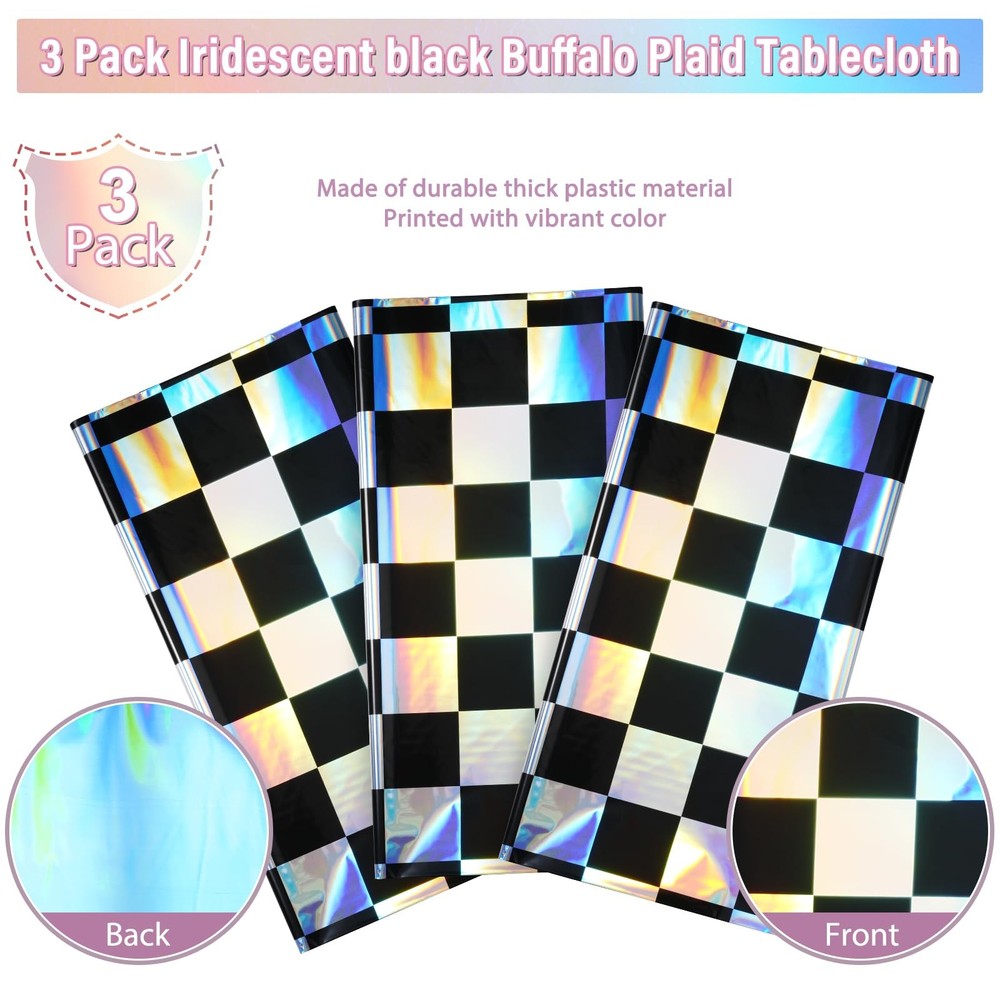 3Pack Black and Iridescent 54" x 108" (3 Pack), Checker
