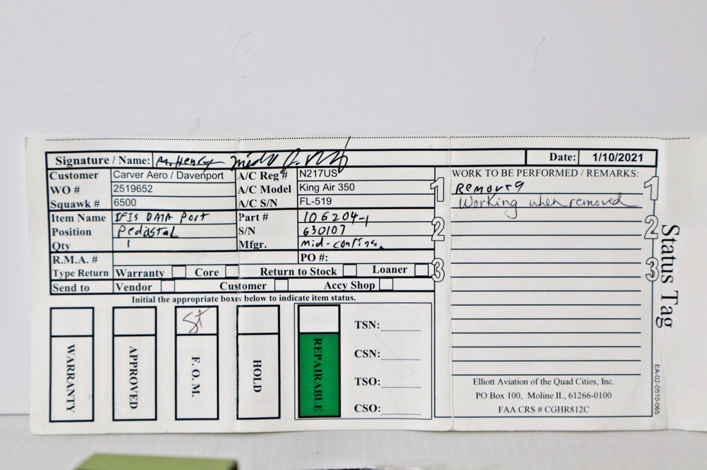 Mid-Continent 106204-1 IFIS Data Port - Removed Working