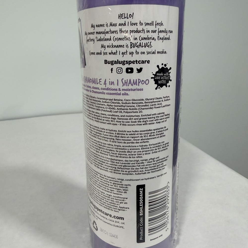 Bugalugs Dog Shampoo, Lavender Chamomile, 4 in 1 Calm Clean Condition Moisturize