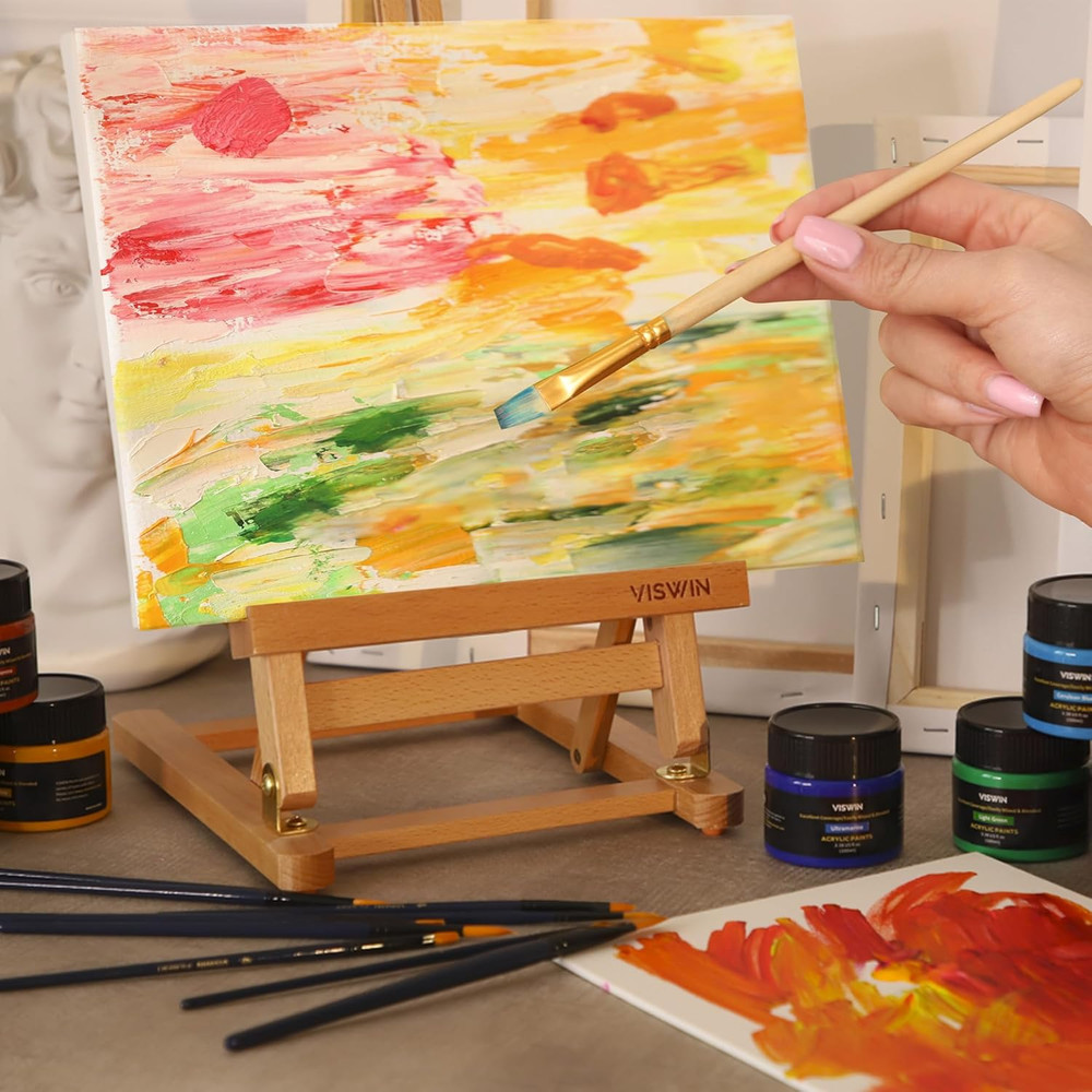 VISWIN 25" H-Frame Tabletop Easel for Painting, Adjustable Beech Wood Table Top