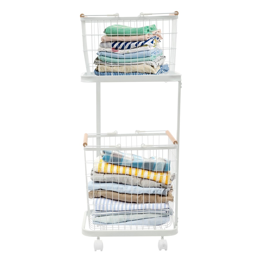 2 Tier White Laundry Basket Metal Rectangular Laundry Basket With Wheels