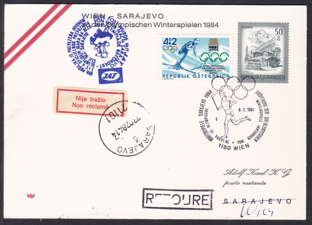 FCV0050 Flight Cover, Austria, Wien - Sarajevo, Olympics Postmark