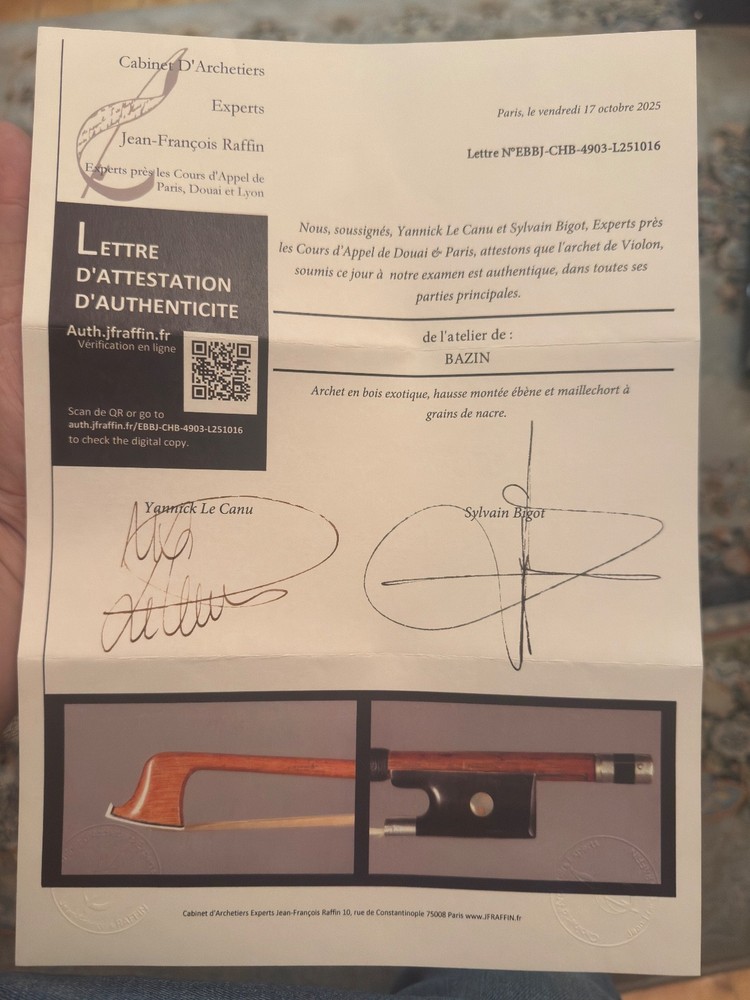 BAZIN violin bow certificated by Raffin