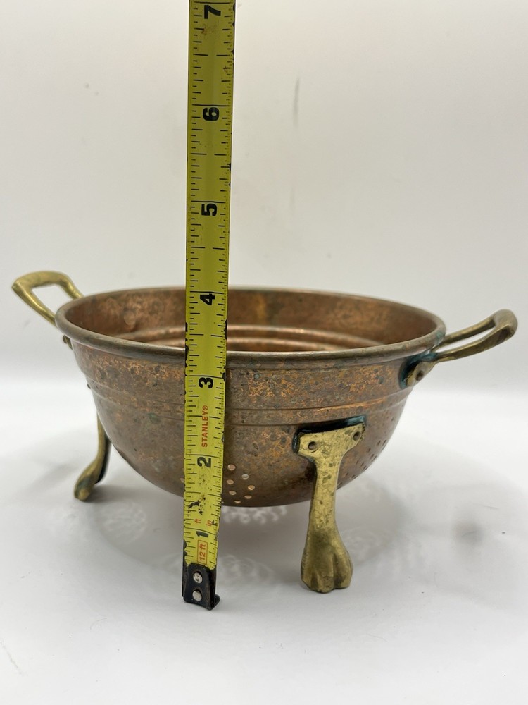Vintage 3 Legged Small Copper Strainer/Colander Brass Clawed Feet, Brass Handle