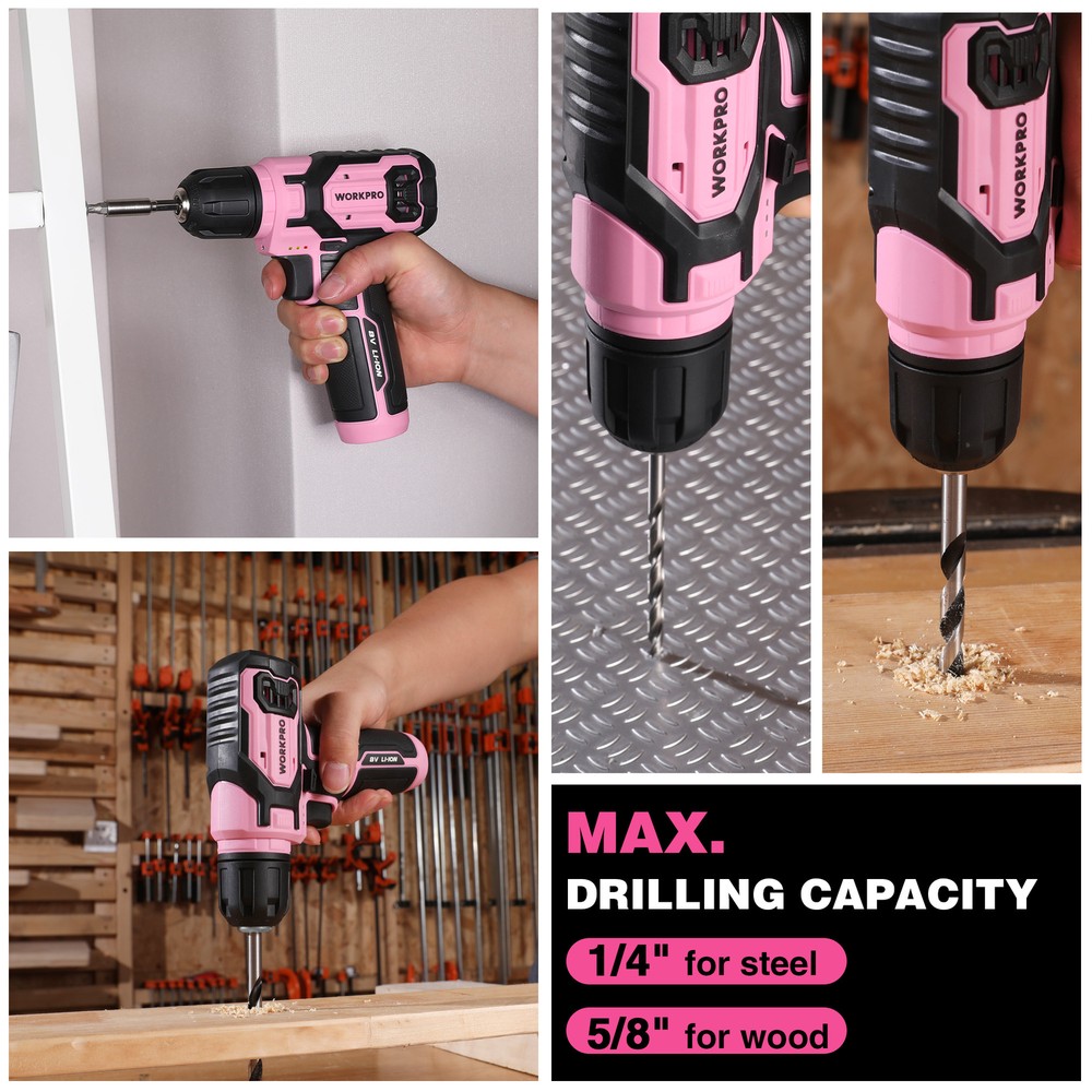 WORKPRO Pink 8V Power Drill Set with 53pcs Bit Set with 3/8" Keyless Chuck