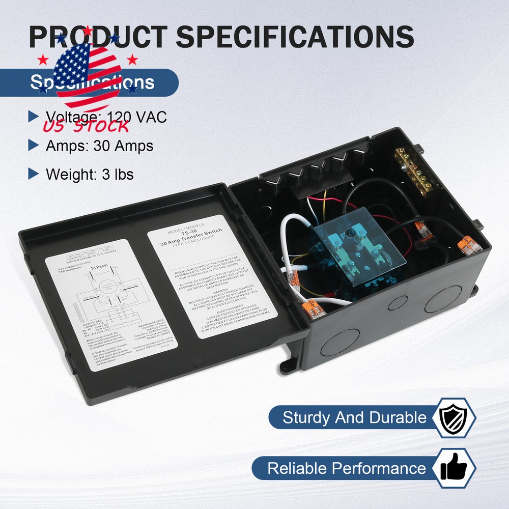 30 Amp Automatic Transfer Switch for Inverter/Shore Power/Generators, 120VAC