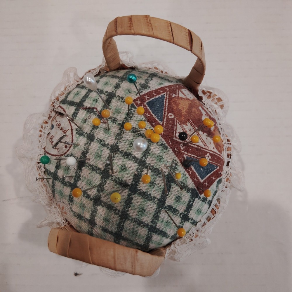 Vintage Handmade fabric pin  cushion, patchwork pattern and lace trim