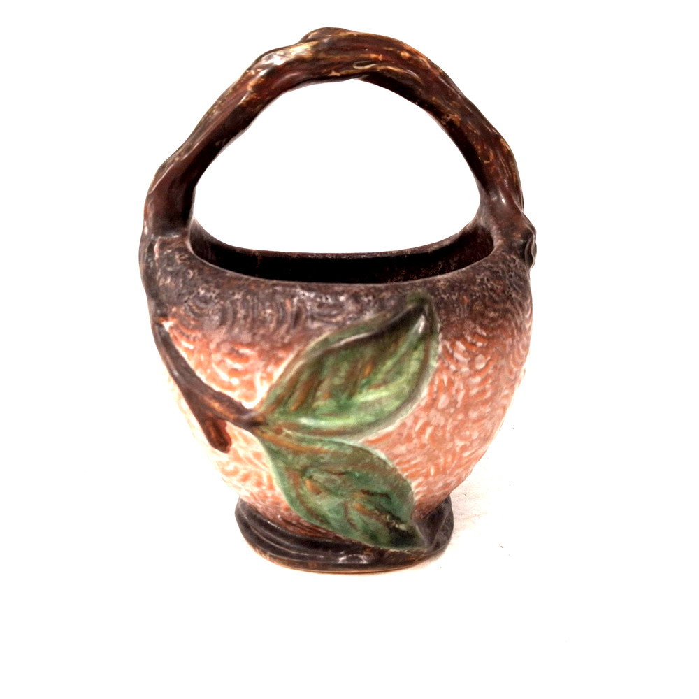 Weller Pottery Basket Planter Twig Handle Leaf Relief Rustic Vintage