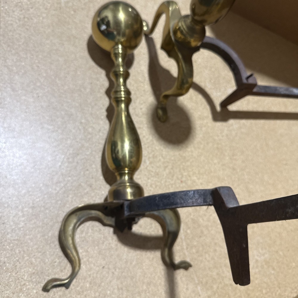 Vintage Solid Brass Fireplace Andirons Ball Finial Colonial Hearth Pair