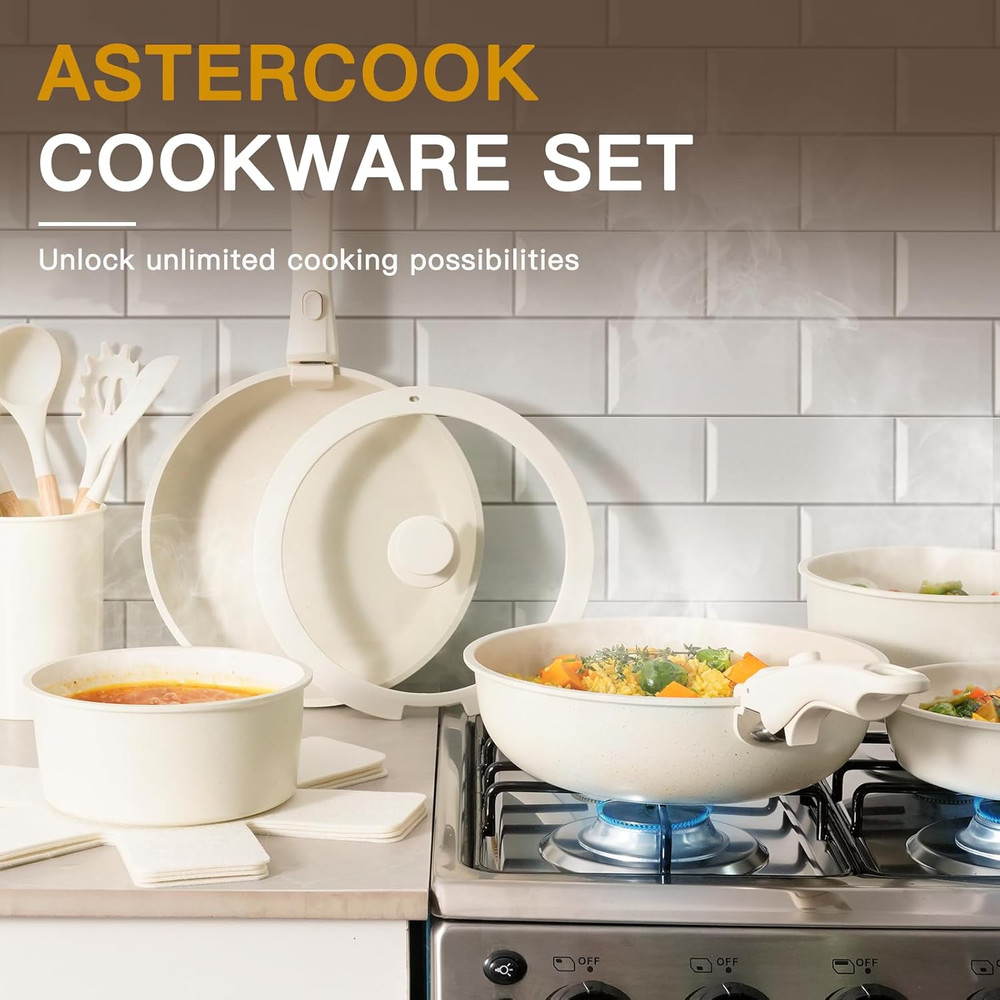 Astercook Ceramic Non-Stick Cookware 21 Pcs Pots and Pans Set, Detachable Handle