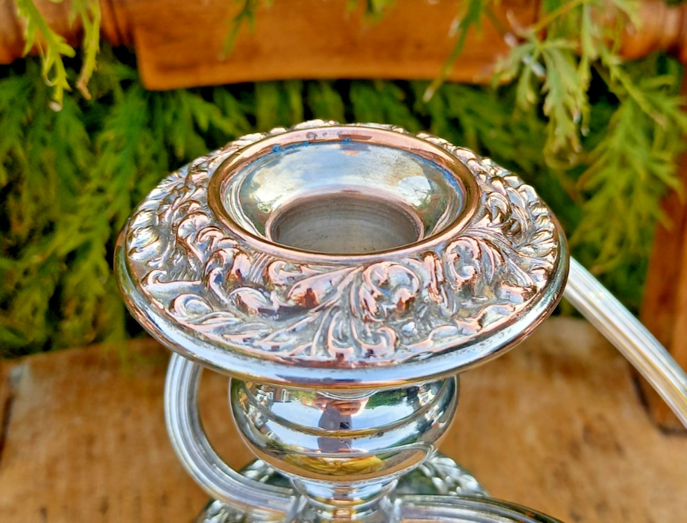 Antique Silver Plate on Copper Three Arm Candelabra