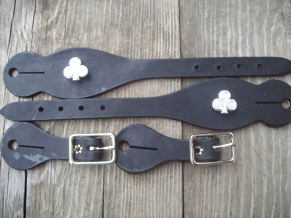 Leather  Spur Straps - BLack & Nickel engraved Club concho