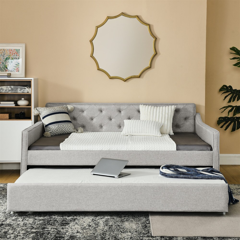 Full Size Daybed with Pull Out Trundle Bed Linen Upholstered Bed Frame Sofa Bed