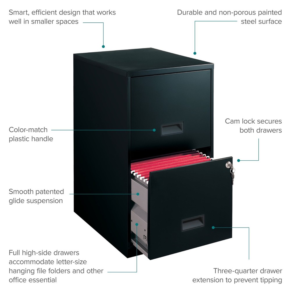 18" Deep 2 Drawer Letter Width Vertical File Cabinet, Black