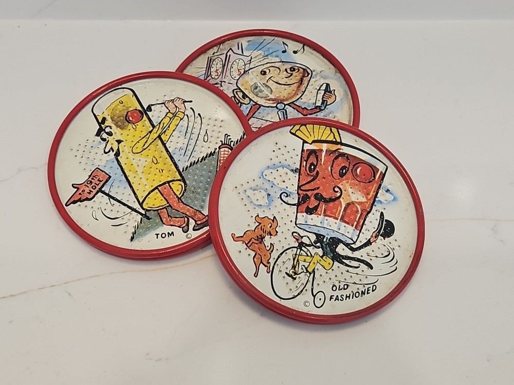 1950's Tin Litho Drink Coasters Set of 6 Barware