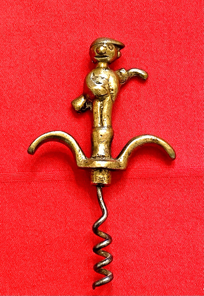 Vintage Solid Brass BOY w UMBRELLA Figural 4-D CORKSCREW 2 Finger Pull, Austria?