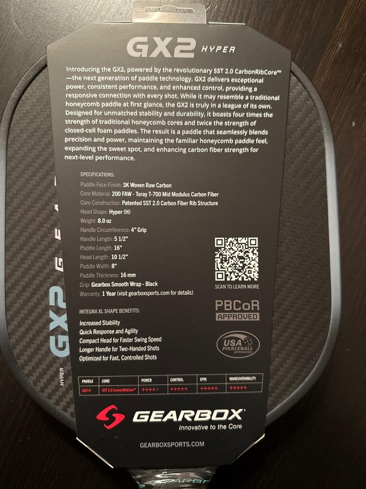 Gearbox GX2 Hyper SST 2.0 Pickleball Paddle with Carbon Rib Core 16mm