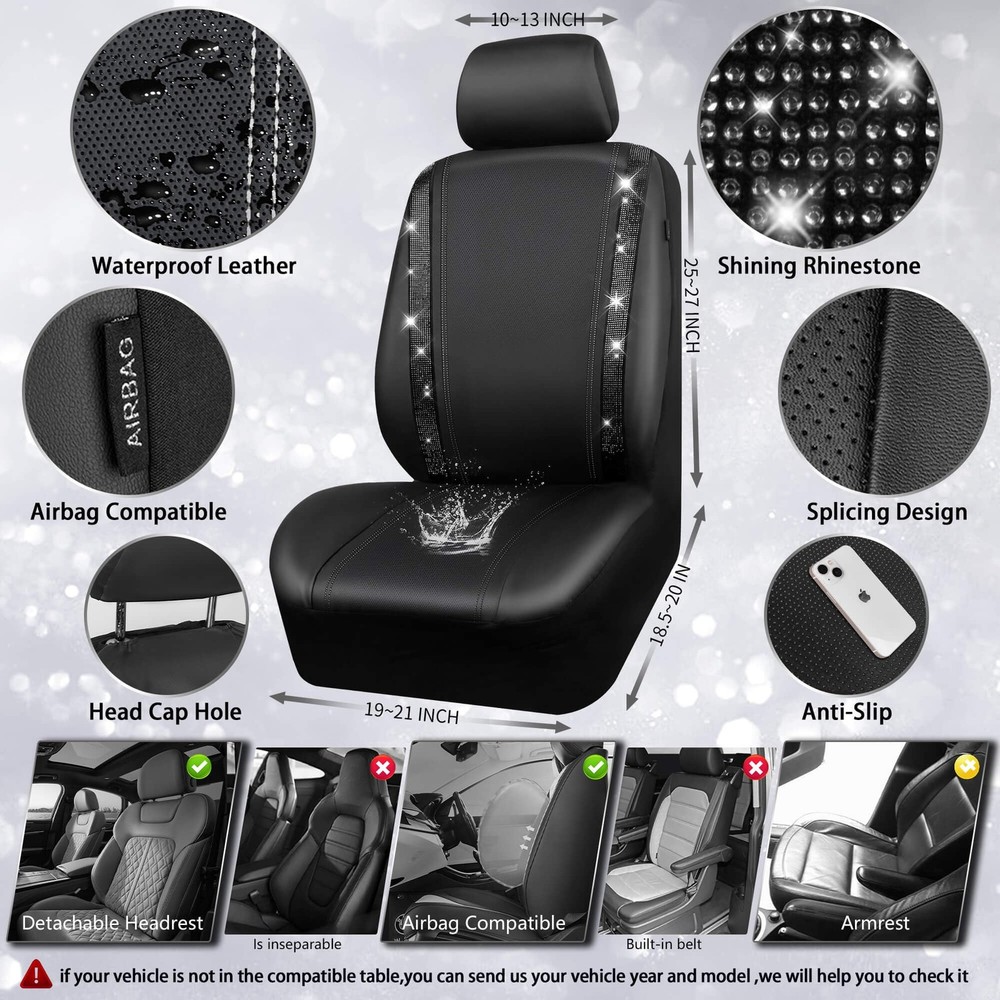Leather Bling Diamond Car Seat Covers 2 Front Interior Sets, Waterproof Unive...