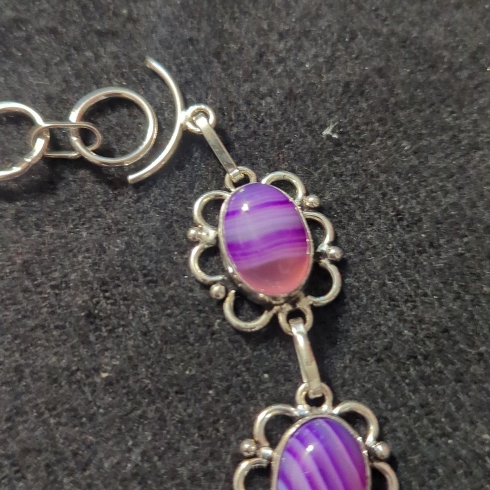 Silver Plated Purple Banded Agate Gemstone Oval Statement Bracelet
