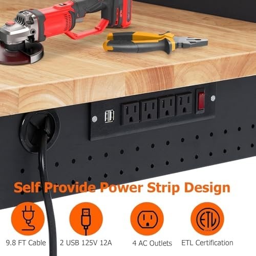 Adjustable Height Workbench 48"x24" - Heavy Duty Rubber Wood, 2000 LBS Capacity,