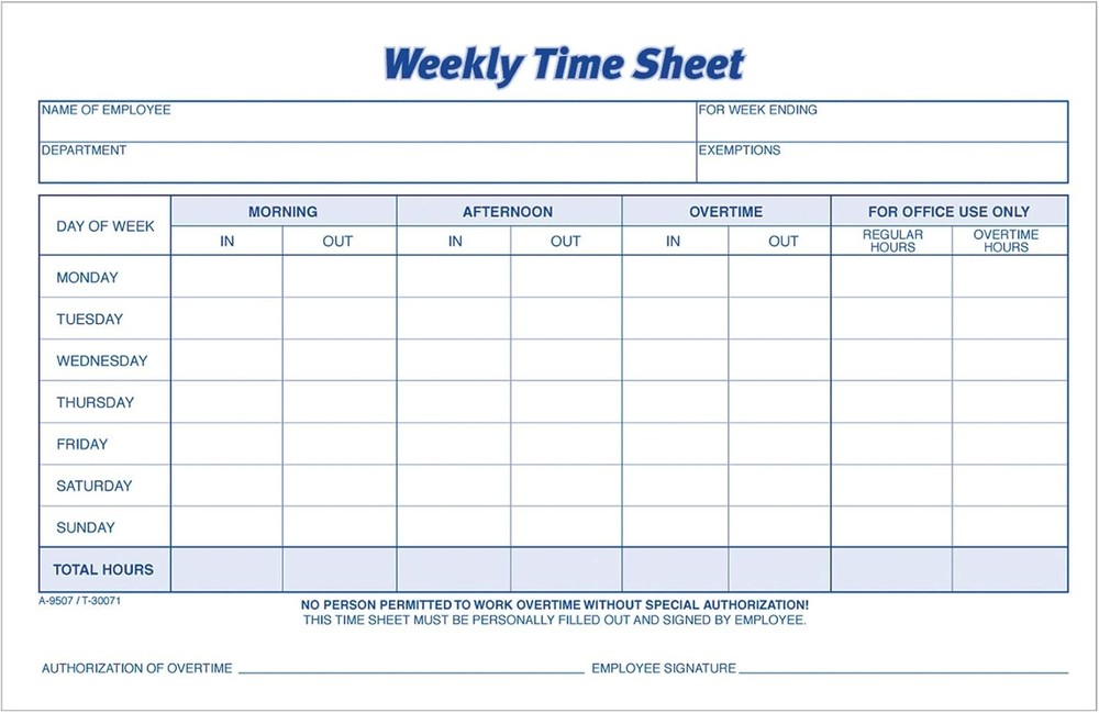 Weekly Time Sheet Carbonless Two Part Format
