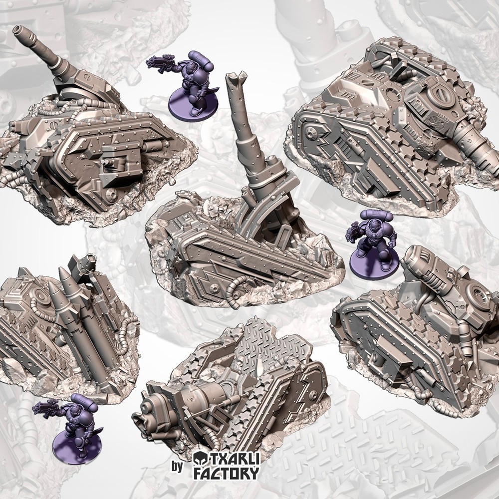 Destroyed Tanks Terrain - 6 destroyed tanks for Grimdark Sci-Fi Wargame Ruins