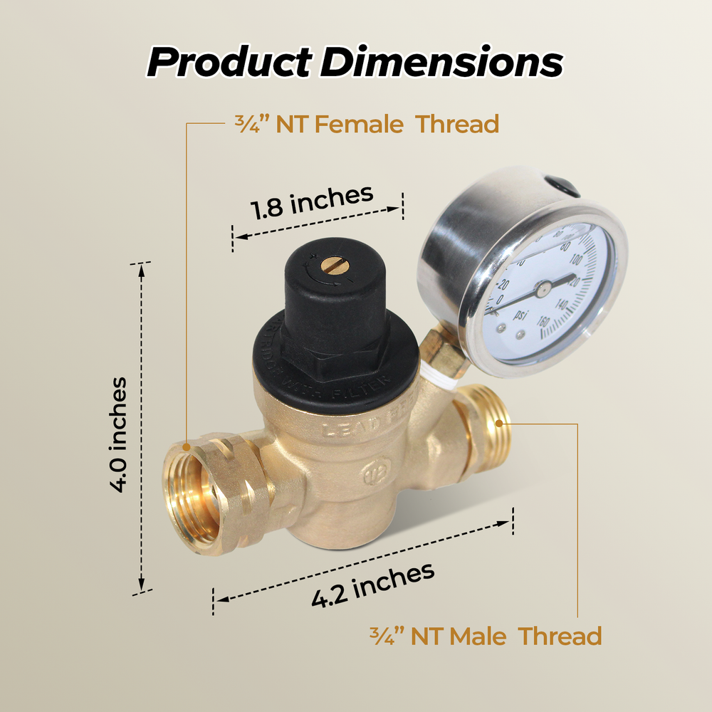 KingRVer Water Pressure Regulator Valve 3/4'' Thread Brass Lead-free Reducing