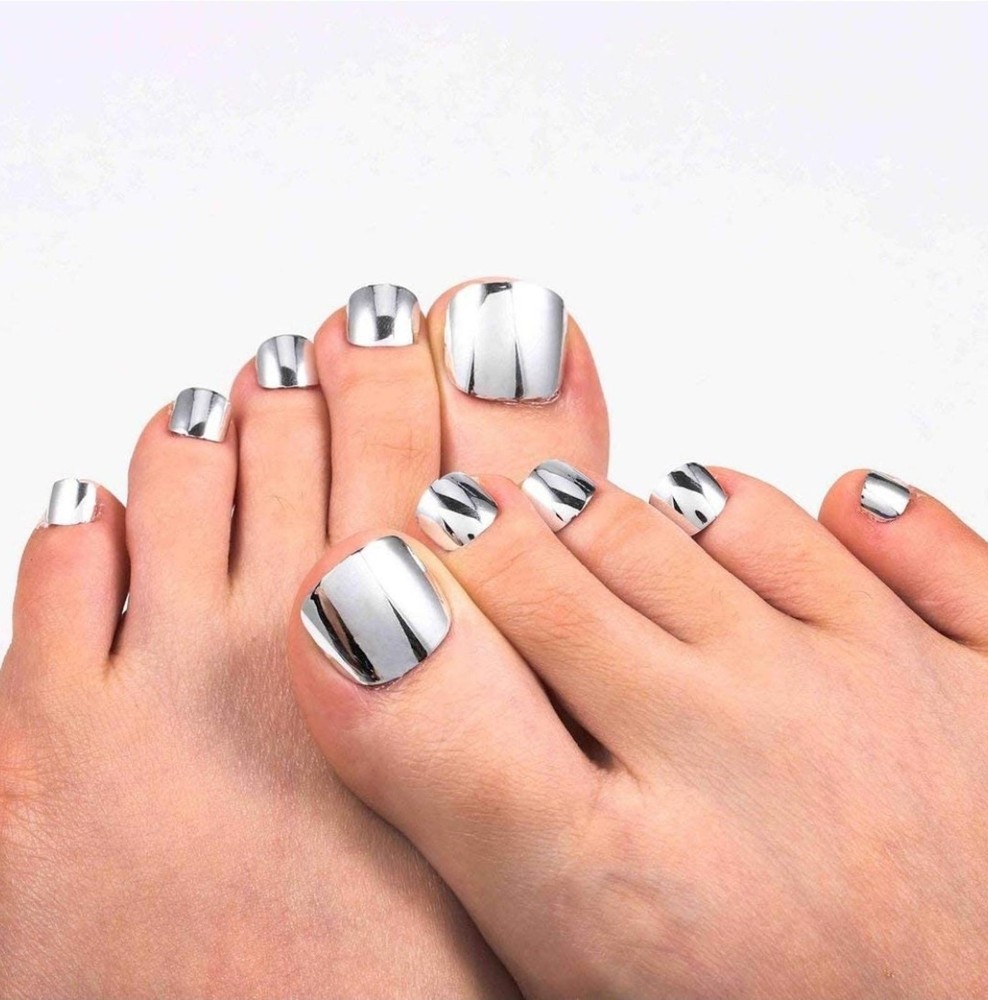24 Silver Chrome Toe Nails Mirror Short press on nails Kit Glue On Shiny