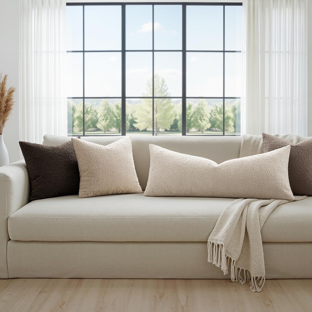 Textured Boucle Throw Pillow Cover Beige Accent Solid Lumbar Pillow Case Deco...