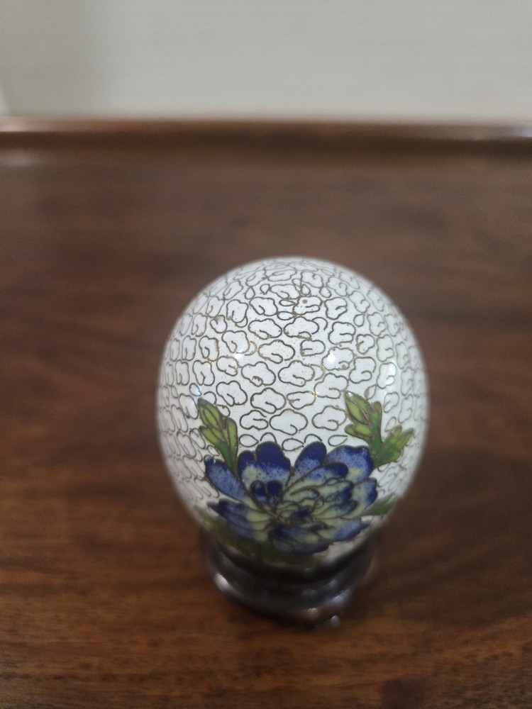 Small Cloisonne Enamel Egg with Wooden Stand, 3”Tall, Blue Flower Pattern