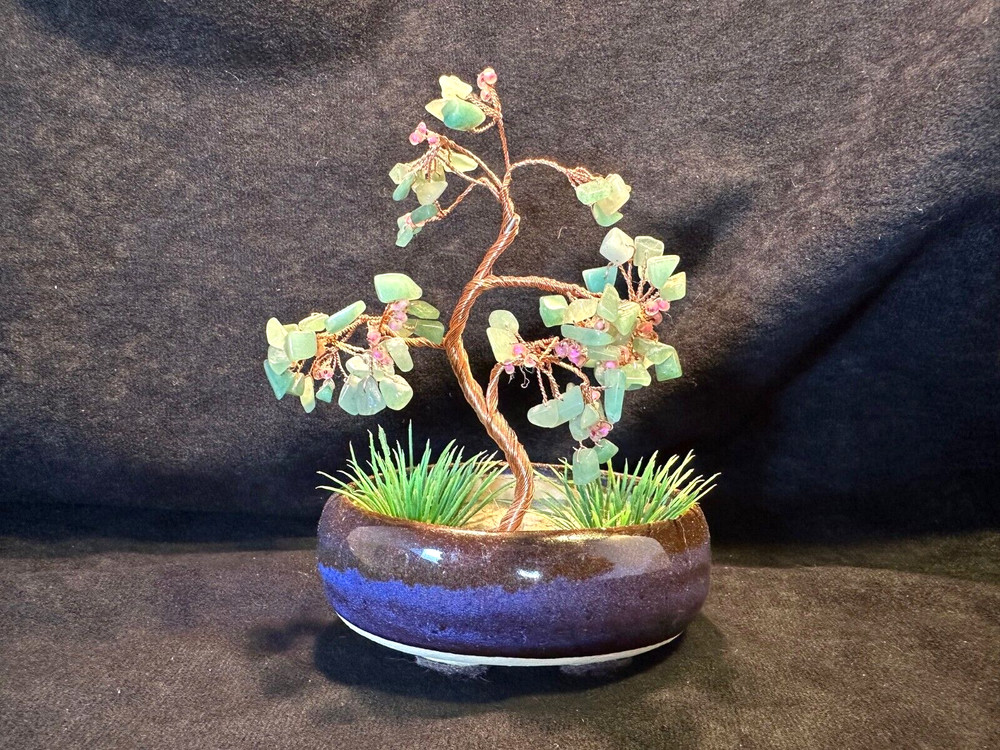 Jade Stone and Twisted Copper Wire Bonsai Tree