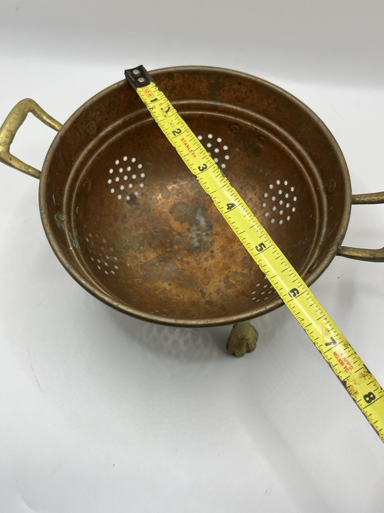 Vintage 3 Legged Small Copper Strainer/Colander Brass Clawed Feet, Brass Handle