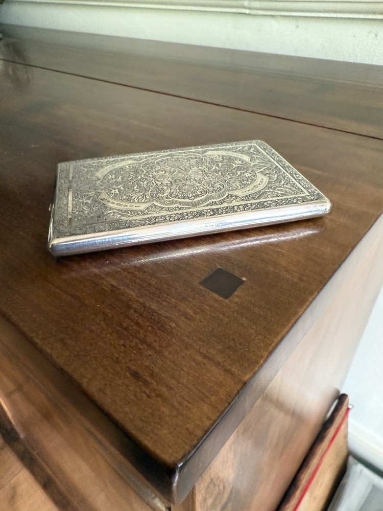 Antique Islamic Gilt Solid Silver Carved With Birds Flowers Cigarette Case Box